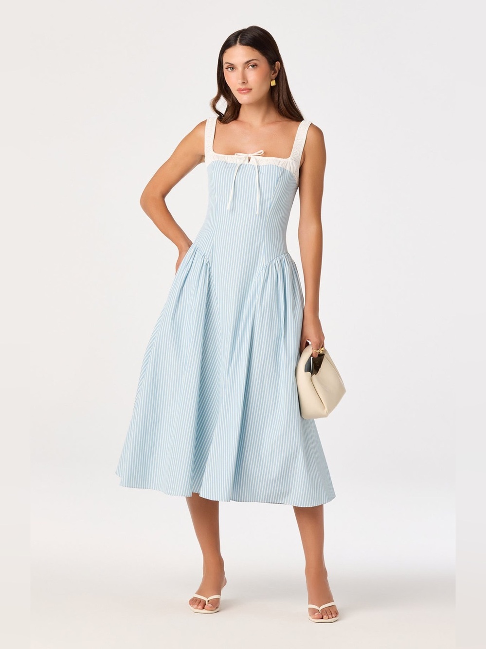 Sleeveless Blue Stripe Midi Dress with Cream Trim - Picture 1 of 4